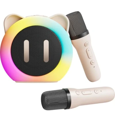 Abbildung von Karaoke Maschine Kinder Anlage mit 2 Kabellosen Mikrofonen Tragbare Mini Sprachveränderungseffekten und LED Licht Geschenke Spielzeug für Mädchen Jungen (Weiß)
