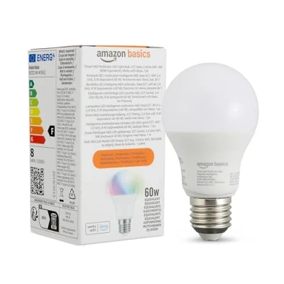 Abbildung von Amazon Basics Smarte A60 LED Glühbirne, farbenwechselnd, E27, 2,4 GHz WLAN, 8 W (entspricht 60 W), funktioniert nur mit Alexa, 1 Stück