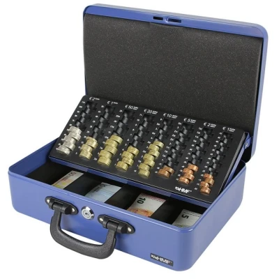Abbildung von HMF Geldkassette Abschließbare Bargeldkasse mit EURO Münzzählbrett und Scheinfach, Geldzählkassette 2 Tragegriffen, 36 x 25 x11 cm, blau