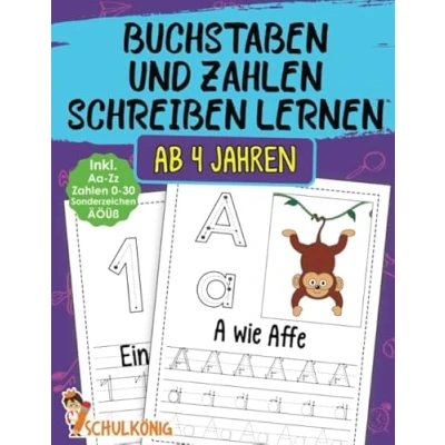 Abbildung von Buchstaben und Zahlen Schreiben Lernen Ab 4 Jahren: Erste von Aa Zz 0 30 Inkl. Umlaute ÄÖÜ, ß Sonderzeichen A4 Vorschulblock Perfekt zum Üben!