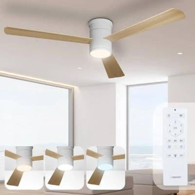 Abbildung von Noaton Deckenventilator mit Beleuchtung und Fernbedienung, Naturholz, 3 Flügel, Liese, 6 Geschwindigkeiten, Ø132 cm, Dimmbar LED 22,9 W, Timer, DC Motor 34 Sommer Winterbetrieb
