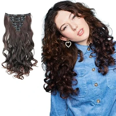 Abbildung von CAISHA XL 45cm CLIP IN EXTENSIONS Klara 7 Teile Set Haarverlängerung Voluminös Gelockt Dunkelbraun Mix CE26 1