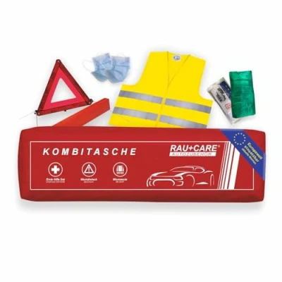 Abbildung von RAU Trio Kombitasche NEU und AKTUELL 2025 in rot 3in1 Set Verbandtasche Inhalt: Erste Hilfe nach DIN 13164 + Warndreieck ECE konform Warnweste EN20471 Klasse 2 Masken EN 14683