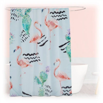 Abbildung von Relaxdays Duschvorhang Flamingos, Bad Vorhang 180x200, Anti Schimmel, waschbar, 12 Ringe, Badewannenvorhang, Mehrfarbig, Flamingo