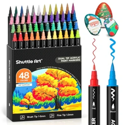 Abbildung von Shuttle Art Acrylstifte für Steine wasserfest, 48 Farben bemalen Stifte Set, doppelköpfige Acrylmarker mit Pinsel &amp; feine Spitze, Acryl holz, Ostereier, Glas, Keramik, Leinwand