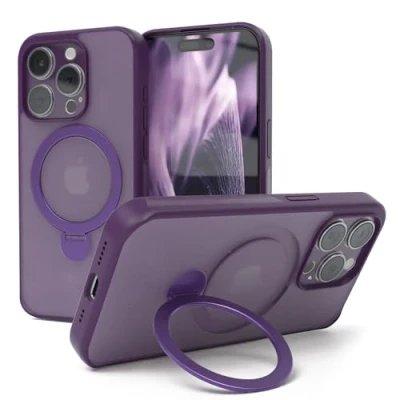 Abbildung von EAZY CASE MagSafe Handyhülle für iPhone 15 Pro kompatibel mit Hülle Ständer 360 Ring &amp; Magnetfunktion zum Aufstellen stoßfest Cover in Lila