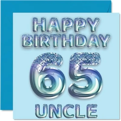 Abbildung von Stuff4 Geburtstagskarte zum 65. Geburtstag für Onkel Blaue Glitzer Partyballons Happy Birthday Karten den 65 jährigen von Neffe Nichte, 145 mm x