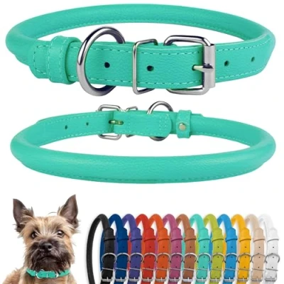 Abbildung von CollarDirect Rundes Leder Hundehalsband, weich gepolstert gerollt, handgefertigtes Echtleder Halsband für Hund Welpe Katze Klein Groß Schwarz Rosa Rot Lila Blau