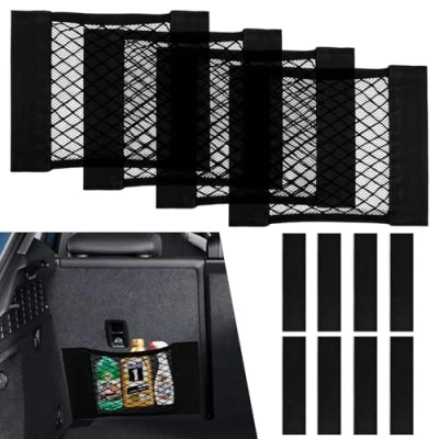 Abbildung von KEWUZY Kofferraum Netztasche Auto 4 Stück,30x25cm, Universal Kofferraumnetz Schutznetz Elastisch Aufbewahrung Netz mit Beidseitiger Klettverschluss doppelseitigem Klebeband für Auto/SUV
