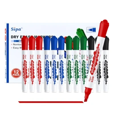 Abbildung von Sipa Whiteboard Marker, 12 Stifte abwischbar, Set mit 4 Farben Flipchart Keilspitze 4mm Linienbreite, ideal für Klassenzimmer, Büro und Kinder, unverzichtbarer Schulbedarf