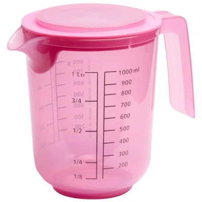 Abbildung von APS Rührbecher mit Deckel Messbecher Maßskalen für Flüssigkeiten (l/ml), Zucker (g) und Mehl / Volumen 1 Liter/Ø 12,5 cm/Höhe 16 cm/spülmaschinengeeignet, pink