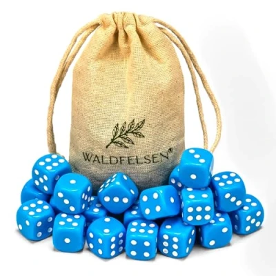 Abbildung von Waldfelsen 6, 12, 20, 30 oder 50 hochqualitative Würfel Standardgröße 16 mm Acrylwürfel Knobel Spielwürfel Dice 6 seitig sechsseitig Spielzubehör Set mit Stoffbeutel (Himmelblau, 20 Stück)