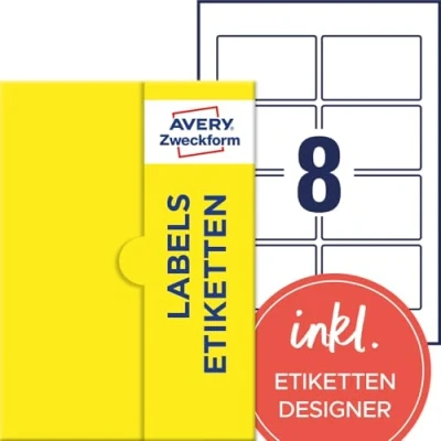 Abbildung von AVERY Zweckform P3461 50 Universal Etiketten (400 Klebeetiketten, 85x55mm auf A4, Papier matt, bedruckbare Produktetiketten, selbstklebende Marmeladenetiketten, individuelle Aufkleber) Blatt, weiß