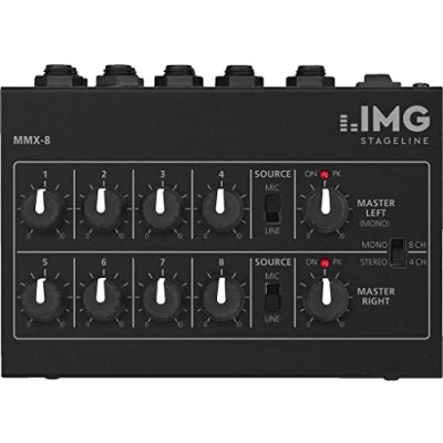 Abbildung von MONACOR 242860 MMX 8 Miniatur Audio Mischer in Schwarz, Universal Mikrofon Mischpult mit Klinken Anschluss