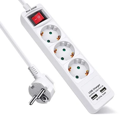 Abbildung von EXTRASTAR Steckdosenleiste mit 3 Steckdosen und 2 USB Ports, Verlängerungskabel Schalter, 1,5 m, für Zuhause, Büro Reisen, 3680 W, Weiß, 1 Stück