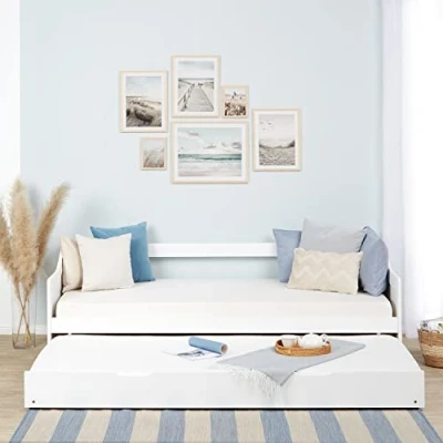 Abbildung von Homestyle4u 1420, Holzbett 90 x 200 cm Weiß mit Lattenrost Bettkasten Einzelbett 90x200 Bettgestell Ausziehbett Kiefer Holz