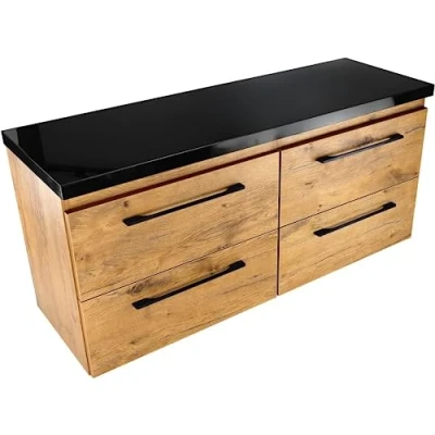 Abbildung von paplinskimoebel Badmöbel Waschtisch mit Platte Badschrank GIRONA 120 4 Schubladen (Vollauszug) Eichenoptik als auch Unterschrank für Aufsatzwaschbecken geeignet (Schwarze Arbeitsplatte)