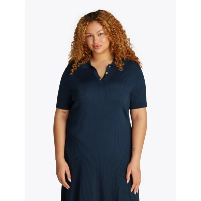 Abbildung von Tommy Hilfiger Curve Strickkleid &quot;CRV RIB BTN F&amp;F POLO SWT DRESS&quot;, in Großen Größen, Polokragen, Logostickerei