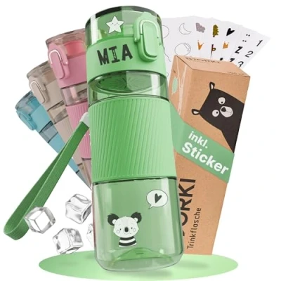 Abbildung von BJORKI Trinkflasche Kinder auslaufsicher 350ml inkl. BONUS Namenssticker Kleine für Kindergarten Kohlensäure geeignet &amp; Spülmaschinenfest Robuste Water Bottle Kids