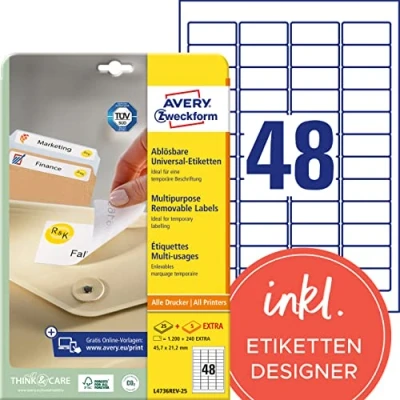 Abbildung von Avery L4736REV 25 Ablösbare Laseretiketten 48 pro Blatt 47,5 x 21,2 mm 1200 Etiketten weiß