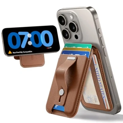 Abbildung von ESR für MagSafe Wallet, 5 Kartenhalter, iPhone Wallet mit Ständer, Fingerschlaufe sicheren Halt, magnetisches 15/14/13/12, nicht mini, „Wo ist? kompatibel,Braun
