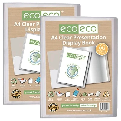 Abbildung von eco Präsentationsbuch, A4, 50% recycelt, 60 Taschen, transparent, Aufbewahrungsbox, Portfolio, Kunstmappe, mit Kunststoffhüllen, 2 Stück, eco099x2
