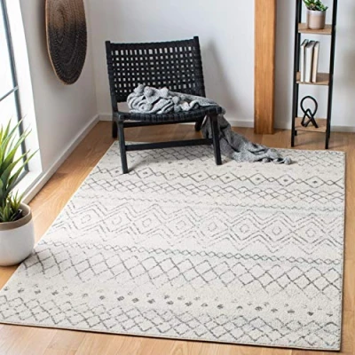Abbildung von SAFAVIEH Boho Teppich für Wohnzimmer, Esszimmer, Schlafzimmer Madison Collection, Kurzer Flor, Elfenbein und Kohle, 122 X 183 cm