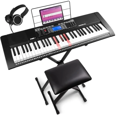 Abbildung von MAX Rhapsody61L Digital Piano MIDI Keyboard für Anfänger Set, 61 Leuchttasten, mit Ständer, Hocker und Kopfhörer, 300 Sounds &amp; Rhythmen, Begleitautomatik, Lern Funtkion,