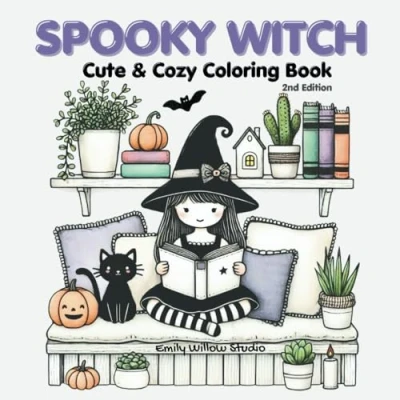 Abbildung von Spooky Witch: Cute and Cozy Coloring Book for Adults Teens Featuring a Witch Her Cat in Hygge Scenes (Spooky Coloring)