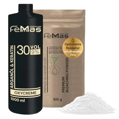 Abbildung von FemMas Blondierungspulver Set 500g vegan &amp; Entwickler 9 Prozent 1L I ultra stark staubfrei mit nährstoffreichen Ölen Hair Bleach Kit für zuhause in Salonqualität Blondierung von 7 Tonstufen