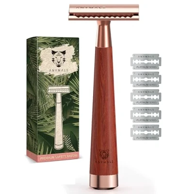 Abbildung von ANYMALE® Rasierhobel Rosegold aus Sandelholz Damen Set inklusive 5 ASTRA Klingen Plastikfreier Rasierer für sanfte Nassrasur