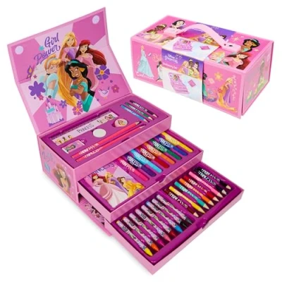 Abbildung von Disney Prinzessinnen Marker &amp; Farbkasten Set, Zeichen und Malset, 34 Teiliges Kunstset für Kinder mit Notizblock Schreibwaren (Rosa Princesses)