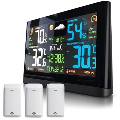 Abbildung von Brandson Wetterstation Funk mit 3 x Außensensor (3 Zonen) DCF Empfangssignal Funkuhr Innen und Außentemperatur relativer Luftdruck Barometer Temperaturtrend Lichtsensor LCD Display