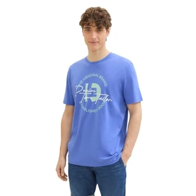 Abbildung von TOM TAILOR Denim Herren Basic Crew Neck T Shirt mit Logo Print, blueberry blue, XL