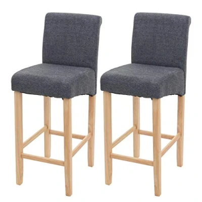 Abbildung von Mendler 2er Set Barhocker HWC C33, Barstuhl Tresenhocker, Holz dunkelgrau, helle Beine, Stoff/Textil