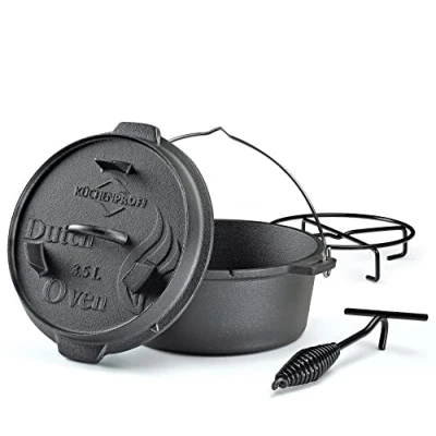 Abbildung von Küchenprofi BBQ Dutch Oven Gusseisen, 3,5L, Ø 24 cm, ohne Füße, fertig eingebrannter, gusseiserner Topf mit Deckelheber, für den Grill, Feuerstellen, alle Herdarten (inkl. Induktion) und Backofen, schwarz