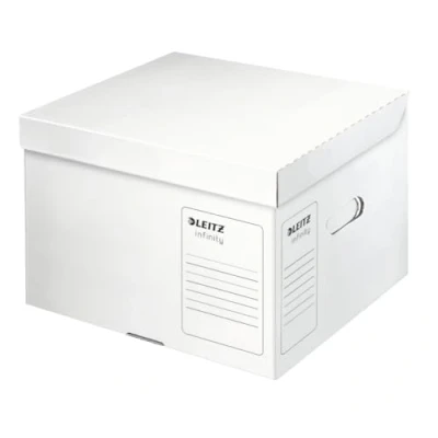 Abbildung von Leitz Infinity Archiv Container, Größe M, Schachtel für A4 Archivbox 3 x 100mm/2 150mm, Transportbox mit Deckel Oben, Faltbare Kartonverpackung, 100 % säurefreie Wellpappe, Weiß, 1 Stück, 61030000