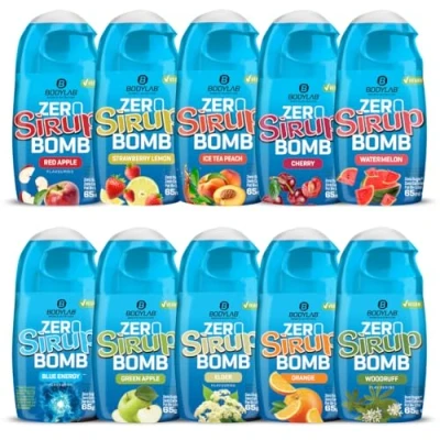 Abbildung von Bodylab24 ZERO Sirup BOMB Mixed Box 1 + 2, 10 x 65ml, zuckerfrei und praktisch ohne Kalorien, mit nur 1kcal je 100ml Wasser Mischung, hochkonzentriert, für 8 l Fertiggetränk