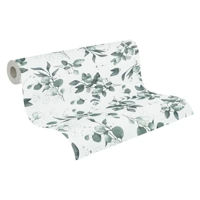 Abbildung von A.S. Création Pure Elegance Vliestapete mit floralem Muster 0,53 x 10,05 m Weiß, Grün, Silber Tapete Blättermotiv Made in Germany 397682