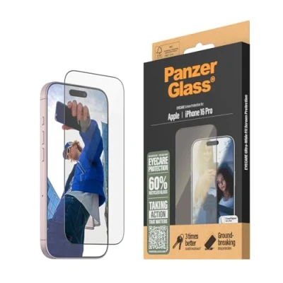 Abbildung von PanzerGlass® Eyecare Displayschutz für Apple iPhone 16 Pro, blendfrei, Blaulichtfilter, gehärtetes Glas, hohe Kratzfestigkeit, stoßfest mit Montierhilfe einfache Installation