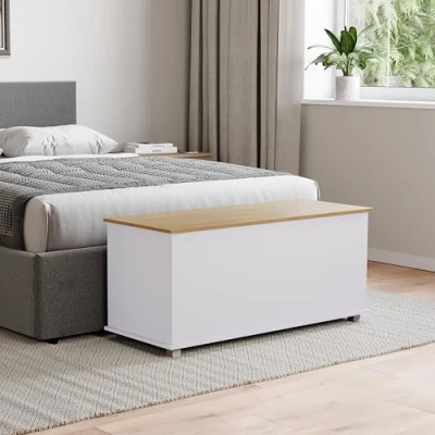 Abbildung von Vida Designs Arlington Ottomane, Holztruhe mit Deckel, Sitz, Hocker, Fensterbank, Decken, Bettwäsche, Spielzeugkiste, Fußhocker, Weiß