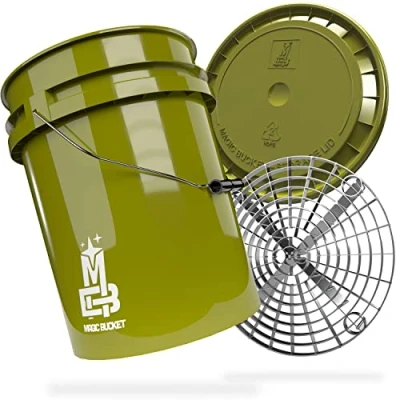 Abbildung von MAGIC BUCKET Auto Handwäsche Bundle Wascheimer Mit passendem Eimer Deckel 5 US GALLONEN ca. 20 Liter Grit Guard Eimereinsatz Schmutzsieb Waschset Khaki/Silber