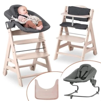 Abbildung von hauck Beta Plus Whitewashed 5 tlg. Newborn Set Hochstuhl + 2in1 Neugeborenen Aufsatz &amp; Wippe Premium, Essbrett, Sitzkissen Dark Grey