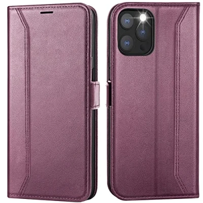 Abbildung von Verco Handyhülle für iPhone 12, 12 Pro, Premium Klapphülle Handy Flip Case Apple 12/12 Pro Hülle Book Tasche, Brombeere