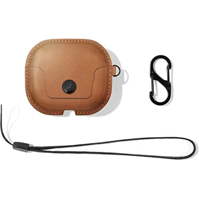 Abbildung von Twelve South Zwölf Süd AirSnap Gen 3 Leder Schutzhülle mit Clip zur Verlustvermeidung und optionalem Trageriemen für AirPods 3, Cognac, One Size, TS 2206