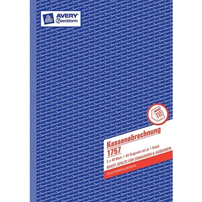 Abbildung von AVERY Zweckform 5 x Formularbuch Kassenabrechnung A4 selbstdurchschreibend VE=2x40 Blatt