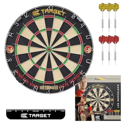 Abbildung von Target Darts Dimitri Van den Bergh Dartboard Set Player Edition Dart Board mit 2 Sets von Steeldarts, Wurflinie nach Wettkampfstandard Profi &amp; Dartscheiben