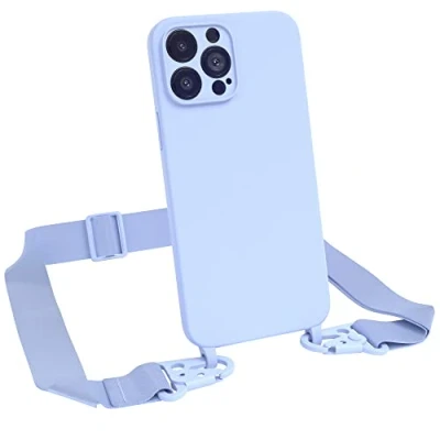 Abbildung von EAZY CASE Premium Silikon 2 in 1 Handykette kompatibel mit iPhone 13 Pro Max Handyhülle Umhängeband, Handykordel Silikonhülle, Hülle Band, Kette für Smartphone, Hell Blau