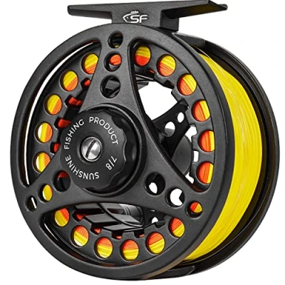 Abbildung von SF Große Arbor Fliegenfischen Rolle 7/8wt Aluminiumlegierung Körper Druckguss Matt Schwarz Vorgeladen Fliegenrolle mit Schnur Combo Fluoreszierende gelbe Fliegenschnur