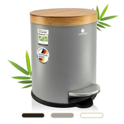 Abbildung von Exitoso Mülleimer 5 L leicht entleerbar Bambus, Kosmetikeimer WC Eimer Tretmülleimer klein, mit Softclose Funktion